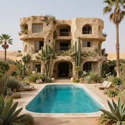 brutalism conceptual building in the desert, biophilia mood, pool, garden, highly detailed, cinematic, photorealistic,