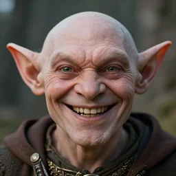 closeup portrait of a medieval goblin smiling, depth of field, zeiss lens, detailed, symmetrical, centered, fashion photoshoot, by Annie Leibovitz and Steve McCurry, David Lazar, Jimmy Nelsson, Breathtaking, 8k resolution, extremely detailed, beautiful, establishing shot, artistic, hyperrealistic, beautiful face, octane render