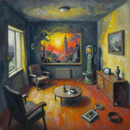 a painting of a confusing room, an airbrush painting by breyten breytenbach, cgsociety!, neo - primitivism, dystopian art,! apocalypse landscape!!