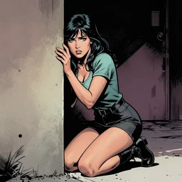 a woman on her knees hiding behind a wall in fear, comic book style,
