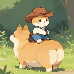 tiny cat girl in cowboy hat riding on the back of a giant corgi by greg rutkowski