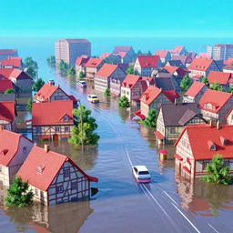 80s vaporwave outrun 3d Render of a german town being flooded, liminal space retro, grainy, noisy