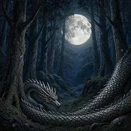 moon in the background!!!, fantasy forest landscape, dragon scales, fantasy magic, night, intricate, elegant, sharp focus, illustration, highly detailed, digital painting, concept art, matte, art by wlop and artgerm and greg rutkowski and alphonse mucha, masterpiece