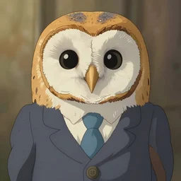 a shoot of a cute anthropomorphic barn owl wearing a suit in a Studio Ghibli movie, symetric face and body, highly detailed