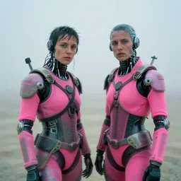 cinestill hasselblad 2 0 0 mm, f 1. 2, extreme motion blur, candid photographic portrait by robert capas of 2 cyborgs wearing rugged neon pink mesh techwear in treacherous fog, burning man nevada, modern cyberpunk moody depressing cinematic, pouring rain, ultra realistic faces, ex machina
