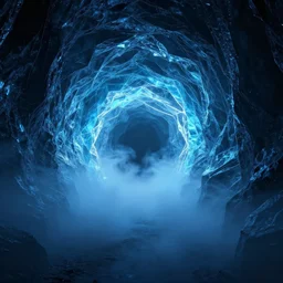 geometric fog inside an ice cavern, led screen exposure, black water cooling coolant flowing through the walls, blue light filter, portal 2 aesthetic, octane render, ray tracing, specular highlighting, volumetric fog, trending on artstation, 6 k, wallpaper