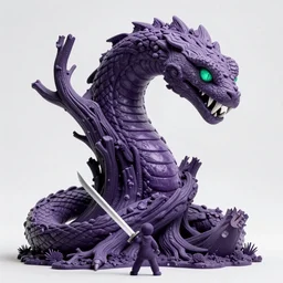 A beautiful sculpture of a large, looming creature with a long, snake-like body. The creature has many large, sharp teeth, and its eyes glow a eerie green. It is wrapped around a large tree, which is bent and broken under the creature's weight. There is a small figure in the foreground, clutching a sword, which is dwarfed by the size of the creature. dark violet, octane 3d by Janine Antoni, by Arthur Hughes neat, playful