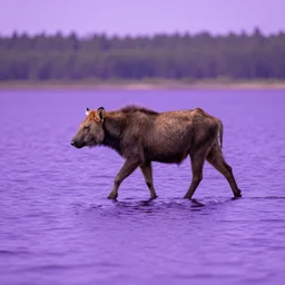 animal creature walking across a purple lake in the north