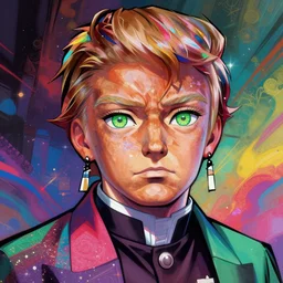a demon slayer portrait of donald trump, tall, pale - skinned, and slender with lime green eyes and long eyelashes by stanley artgerm, tom bagshaw, arthur adams, carne griffiths, trending on deviant art, street art, face enhance, chillwave, maximalist, full of color, glittering