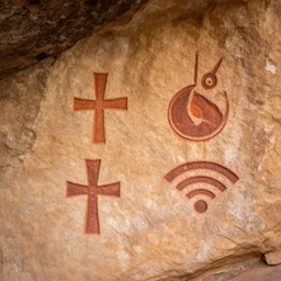 4 k photography of petroglyphs representing crosses, sauwastica, wifi symbol on a cave