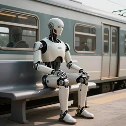photo of cyborg waiting for a train, 1970's, soft light, morning light, photorealistic, details, octane render, cryengine, 8k, cinematic shot