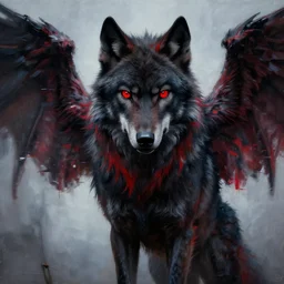 black wolf with red eyes, red dreds and wings, photorealism, high detail, digital oil painting, glitch creatures, dmt entity ; lsd art, trending on artstation, style greg rutkowski