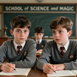 sharp, highly detailed, high quality frame scan from a 2 0 2 0 sci fi color movie, set in 1 9 5 5 in an alternate universe, two students in a lesson on magic, at the'school of science and magic ', good lighting, in focus, cinematic still, high quality scan, in focus, detailed eyes, realistic faces, award winning lighting
