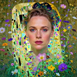 a head and shoulders portrait of alicia vikander surrounded by an explosion of wild flowers, ethereal vibrant lighting, joshua middleton, alphonse mucha, edgar maxence, gustav klimt, gregory manchess, wes anderson, wayne barlowe, james gilleard, single head, hyper realistic, octane render, iridescent, purple green yellow pink