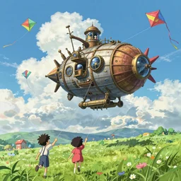 a steampunk airship floating over kids playing colorful kites, grassy lovely place known as teletubbyland, magical, bright clouds, blue sky, colorful, fantastic lighting, amazing details, 4 k uhd, illustration by hayao miyazaki keigo sasaki and makoto shinkai, artstation, pixiv,