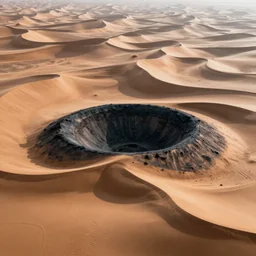 landscape photo of a round black crater in a desert surrounded by sand dunes shaped like an iris