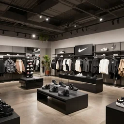 large nike boutique flagship retail. venta black. dark muted furniture!!! with dark shoes and varied clothes. low ceilings with rails and spots. plants. muted colors. architectural photography, 8 k, realistic lighting, reflections, bloom, hyperdetailed environment, pbr materials.