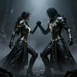 two beautiful shadow pyromancers fighting, wearing futuristic sci fi armor made of shiny black leather and ivory ornaments, dark sci - fi horror, darksynth, cyberpunk, dark fantasy, cinematic lighting, illuminated lines, smooth, high detail, ominous, unreal engine, by vitaly bulgarov artstation, fog volumes, misty, amazing depth, cgsociety, 8 k