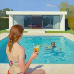 woman with cocktail by the pool, zombie man swimming with modernistic house in the background, trending on artstation, oil on canvas, style of david hockney and jonas wood