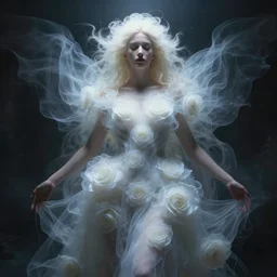 professional digital art of wonderful symmetrical goddess with a majestic semi transparent white roses cotton dress, atmospheric light, dramatic lighting, cinematic, painted, intricate, detailed, foreboding, by art by meredit frampton and gregory crewdson, epic, stunning, gorgeous, much wow, cinematic, masterpiece.