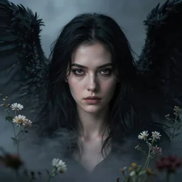 dark angel surrounded by mist and pretty flowers, very detailed, realistic face, detailed face, matte, tonemapping, bbwchan, perfection, 4 k, cushart krenz, cinematic, atmospheric