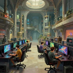 1 9 5 0 s, decopunk, two boys playing game at a spacious gaming room with their hi - tech gaming setup, intricate, highly detailed, spacious, indoor, architecture, art by hugh ferriss