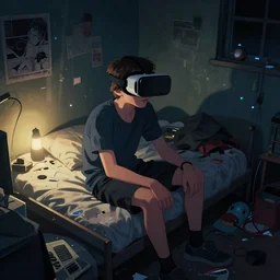 A teenage caucasian boy wearing a VR-headset sitting on his messy bed. The messy tiny room is dimly lit by a small night light. dim lighting, award-winning, anime, manga style, cyberpunk