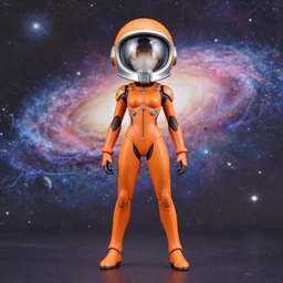 triadic galaxy cosmic space - opera diorama bg. helmet portrait of a figurine of samus aran's orange chozo varia power suit from the sci - fi nintendo videogame metroid. designed by hiroji kiyotake, gene kohler and rodney brunet. metroid zero mission. metroid prime. glossy. masterpiece. intricate cybertronics. shallow depth of field.