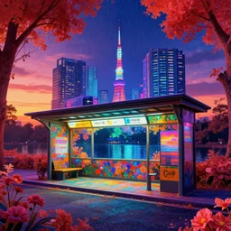 a beautiful detailed render of taxi station building by georges seurat, flowers vaporwave sunset magic realism thermal imaging retrowave at dusk at night dramatic lighting myst thermal vision tokyo neon noir rainforest lake nightvision uv light tron hyperrealism nightsky reclaimed by nature infrared, archdaily, wallpaper, highly detailed, trending on artstation.