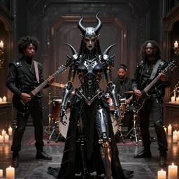 african black metal band, guitarists, bassist, drummer, vocalist, all black cyberpunk clothes, robotic prosthetic limbs, dermal implants, cyborg satan, futuristic, realistic, promo photograph, epk, in a room full of candles, high quality, highly detailed