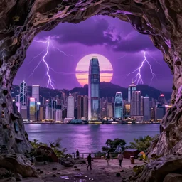 of a cave with a miniature futuristic photo - realistic view of hong kong with mirror reflecting windows : 4, highly symmetrical, balanced, purple lightning clouds : 3, octane render, violet sun : 2, in the style of sahm : 3, hd, ultra - realistic, in unreal engine
