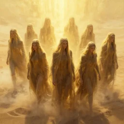 flanking squad of sand, golden, ethereal back light, volumetric light, close up, coherent composition, fantasy painting by artgerm, wlop, daarken