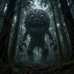 scary horror photograph of dark cursed forest, a giant meatball monster with eyes and toothy mouths rises above the treetops