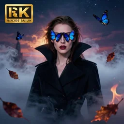 hyperrealistic portrait of amber heard as a vampire witch in a black coat covered eyes sapphire butterflies in a mystic clouds smoke fog sky stars at dusk falling organic leaves fire. by jeremy mann and alphonse mucha, fantasy art, photo realistic, dynamic lighting, artstation, poster, volumetric lighting, very detailed faces, medium shot, 4 k, award winning