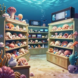 undersea shopping center built from various sea shells, anime, vintage, vhs distortions, real