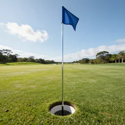 the view from the bottom of a golf hole/cup, upwards along the shaft of the flag, sunny windy day, photograph, 8K, 4K