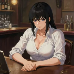 a very chesty anime woman wearing low cut shirt sitting at a desk in a bar, a detailed painting by zhou jichang, trending on pixiv, fantasy art, official art, detailed painting, anime