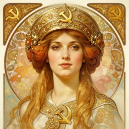 a portrait of a female hero of the soviet union, upper half portrait, decorated with soviet motifs, intricate, elegant, highly detailed, symmetry, headpiece, digital painting, artstation concept art smooth sharp focus, illustration, art by artgerm and greg rutkowski alphonse mucha 8 k