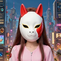 hyper realistic Princess Mononoke with her mask, busy  cyberpunk metropolis, city landscape, jewels, style of tom bagshaw, mucha, james gurney, norman rockwell, denoised, sharp