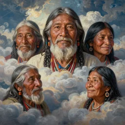 faces of indigenous amazonian grandfathers and grandmothers spirits in the clouds, smiling, protection, benevolence, ancestors, detailed faces, hindouist art, religious painting, art by christophe vacher