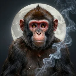 symmetry!! ultra realistic portrait of monkey with wispy smoke! moon in background, intricate, elegant, highly detailed, digital painting, artstation, concept art, smooth, sharp focus, illustration, art by artgerm and ross tran and greg rutkowski and alphonse mucha, 8 k