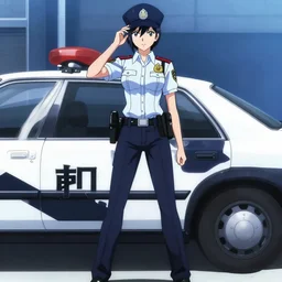 anime visual, full body portrait of a japanese police woman standing outside her patrol car, anime poster, psycho - pass, blue submarine no 6, makoto shinkai, dynamic pose, crisp and sharp, detailed facial features, anime poster, cool ambient light.
