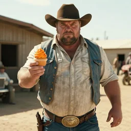 film still of the main character brawny burly surly cowboy standing holding a cupcake with orange frosting in the outdoor scene in an action movie posing for the camera 2 0 2 0, 4 k wild west