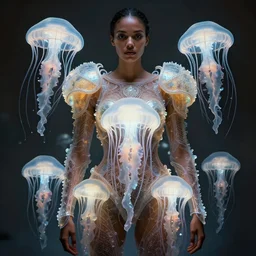 brown woman wearing an armor made of luminous jellyfishes. super detailed. layered. textured. award winning. refracted lighting. soft. fragile. by ray caesar. by louise dahl - wolfe. by andrea kowch. by tom bagshaw. surreal photography