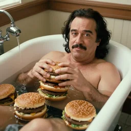 Danny Devito in a bathtub filled with hamburgers circa 1999