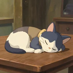 a cat sleeping on a table, studio ghibli