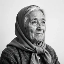 a black and white photo of a old woman with a scarf around her neck in the desert by lubna agha, featured on cg society, hurufiyya, shallow depth of field, attribution, ilford hp 5