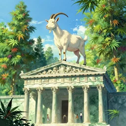 goat standing on top of a building, rococo style, greek architecture, green marble building, marijuana trees, multicolored weed leaves, dynamic lighting, landscape, artwork by jeremy lipkin and giuseppe dangelico pino and michael garmash and rob rey and greg manchess and huang guangjian and makoto shinkai, pixiv, 1 0 0 mm