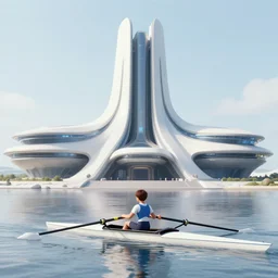 boy in a rowing boat in front of a monumental sci fi building by simon stalenhag and syd mead and alvar aalto and mies van der rohe