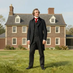 regency era painting of man wearing a suit with a red tie standing in front of a colonial style house
